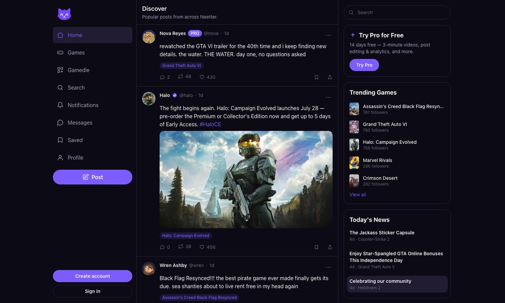 The Neetter web app: navigation, discover feed, and trending games